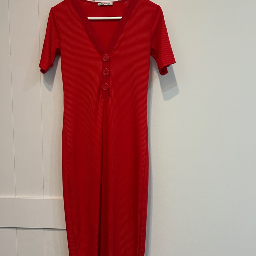 Zara Red Sheath Midi Dress V-Neck Short Sleeve